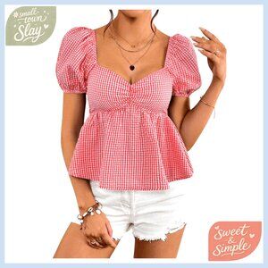 Puff Sleeve Peplum Blouse with Sweetheart Neck and Ruffle Hem